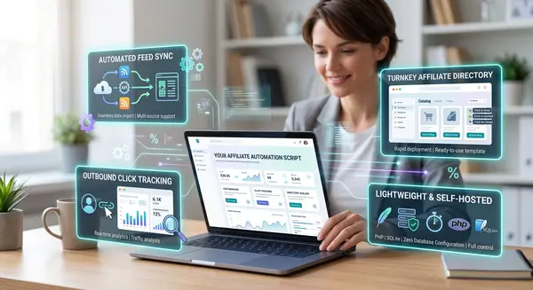 A businesswoman is pictured working at her desk on a laptop, surrounded by a dynamic, futuristic digital interface, installing a PHP affiliate script