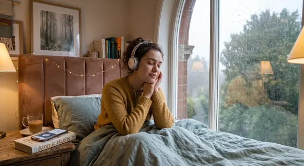 A young woman with curly hair and silver headphones sits peacefully in a bed with a fluted velvet headboard, her eyes closed. She rests near an arched, rain-streaked window looking out on a blurred brick building and trees. A nightstand holds a mug and the book 'Atomic Habits.' Warm ambient light comes from lamps and fairy lights.