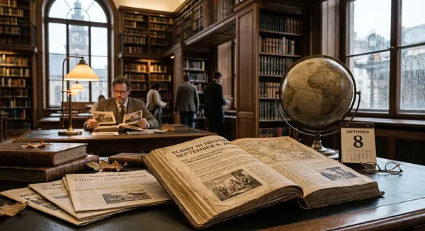 A historical library scene showing an open book, globe, calendar, and readers.