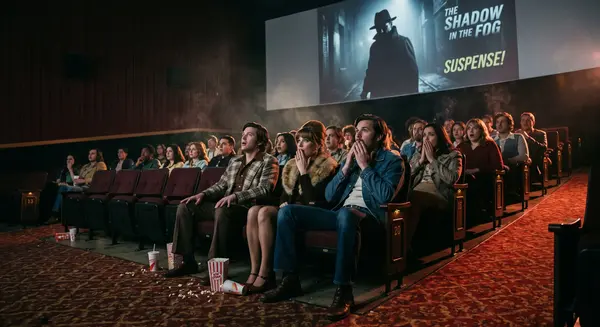 People in a movie theatre watching a horror classic