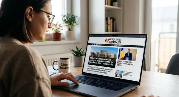 A woman wearing glasses is seated at a wooden desk, focused on her open laptop. The laptop screen displays the Romanian news website stiri.bluaz.com