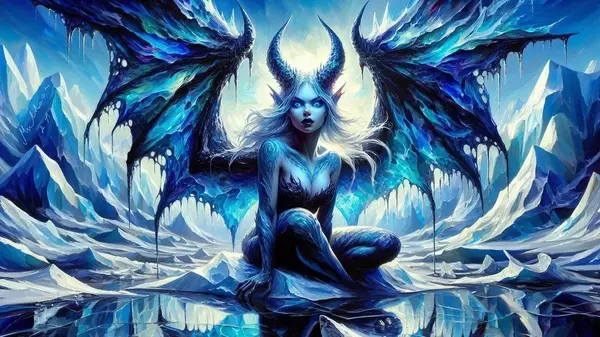 In a frozen landscape, a beautiful succubus sits on a piece of floating ice.